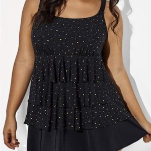 Black Square Neck Ruffle Gold Dot Women Swimdress size 2XL